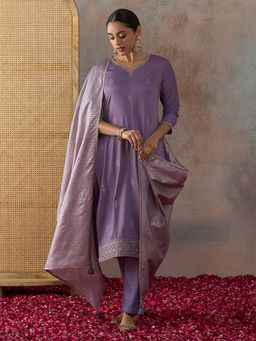 HRITIKA - Lavender Embroidered Sweetheart Kurta Pant & Dupatta