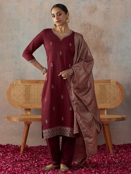 HRITIKA - Maroon Embroidered Sweetheart Kurta Pant & Dupatta