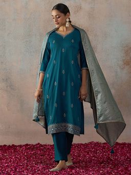 HRITIKA - Teal Embroidered Sweetheart Kurta Pant & Dupatta