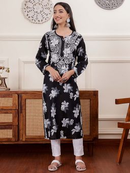 Chowkhat - Floral Hand Embroidered Chikankari Mul Cotton Straight Kurta