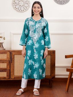 Chowkhat - Floral Hand Embroidered Chikankari Mul Cotton Straight Kurta