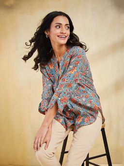 Fabindia - Blue Floral Regular Fit Shirt