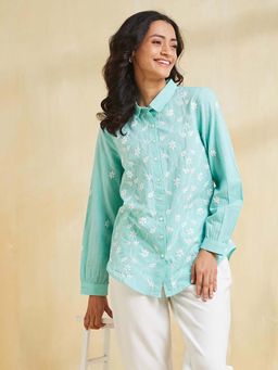 Fabindia - Blue Embroidered Regular Fit Shirt