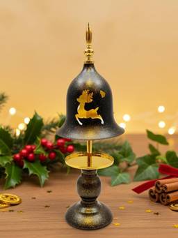 ELARE - Decorative Christmas Bell Black And Gold Finish Reindee Gold Pedestal Base