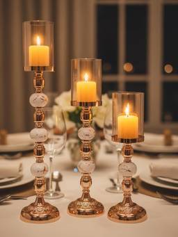 ELARE - Gold Plated Hurricane Candle Holders With Glass Shade (Pack Of 3)