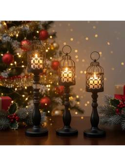 ELARE - Vintage Metal Candle Holders Decorative Birdcage Design 3 Pieces With Crystal Accents
