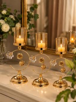 ELARE - Golden Decorative Candle Holder (Pack Of 3) Floral Metal Tealight Stand