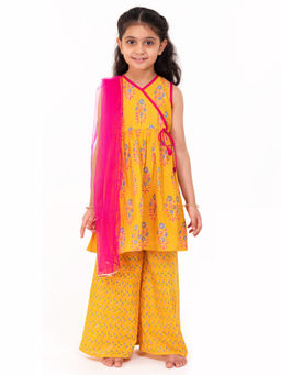 Campana - Girls Falak Boota Blockprint Yellow Kurta Palazzo with Dupatta (Set of 3)