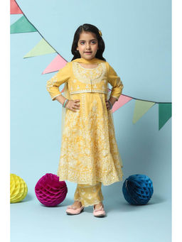 Biba - Yellow Cotton Blend Kalidar Kurta Straight Palazzo Suit (Set of 4)
