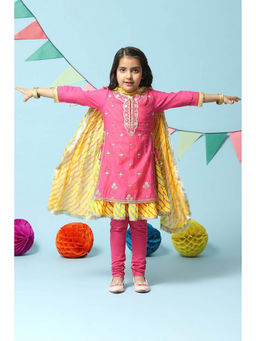 Biba - Pink Cotton Blend Straight Kurta Churidar Suit (Set of 4)