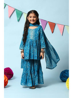 Biba - Teal Blue Cotton Flared Kurta Gharara Suit (Set of 3)