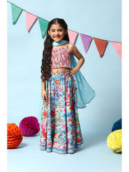 Biba - Pink Viscose Short Top Lehenga (Set of 3)