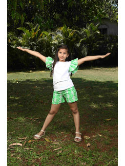 ZIP ZAP ZOOP - White & Green Frill Ruffle Sleeve Flower Embroidered Co-Ord (Set of 2)