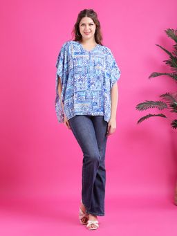 Qurvii - Women Blue Printed Kaftan Top