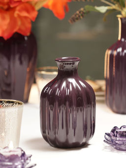 Pure Home + Living - Dark Purple Ribbed Tall Ceramic Vase