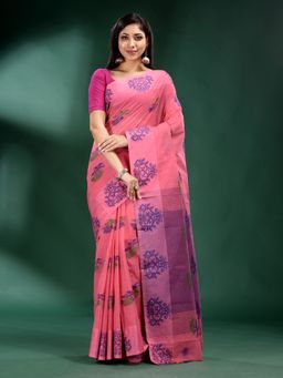 CHARUKRITI - Baby Pink Pure Cotton Handwoven Soft Saree