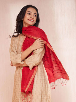 Fabindia - Red Cotton Silk Blend Jamdani Stole
