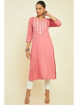 Soch - Women Coral Rayon Embroidered Kurta