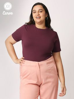 Twenty Dresses by Nykaa Fashion - Curve Maroon Solid High Neck Short Sleeves Bodysuit