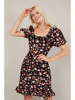 Trendyol - Black Floral Frill Neck And Hem Midi Dress