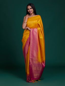 Koskii - Mustard Woven Brocade Saree with Unstitched Blouse