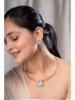 AARSEE OFFICIAL - Pastel Green Anti-Tarnish 22Kt Gold-Plated Pendent and Earring Set