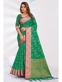 Sangam Prints - Green Woven Work Traditional Tassels Saree with Unstitched Blouse