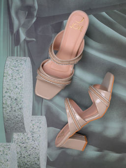 Jove - Women Taupe Embellished Block Heel Sandals