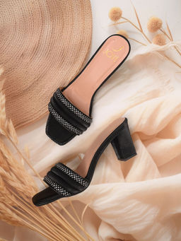 Jove - Women Black Embellished Block Heel Sandals
