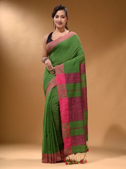 Arhi - Green Cotton Handspun Soft Pompom Saree with Unstitched Blouse