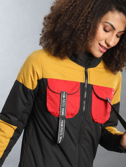 Campus Sutra - Black Women Colorblocked Stylish Casual Bomber Jacket