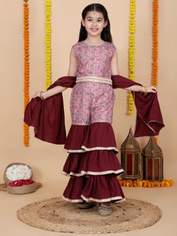 Cutiediva - Maroon Solid Top with Sharara and Dupatta (Set of 3)