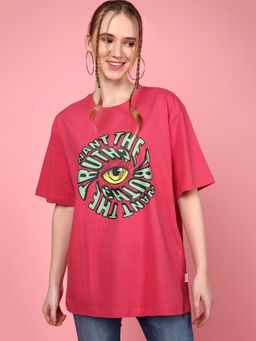 JUNEBERRY - Round Neck Graphic Printed Drop-shoulder Sleeves Magenta Oversized T-Shirt