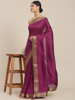 ISHIN - Womens Silk Blend Purple Solid Saree with Unstitched Blouse