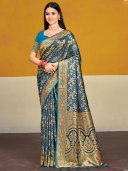 Sangam Prints - Teal Satin Silk Woven Work Festival Saree with Unstitched Blouse