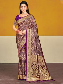 Sangam Prints - Purple Satin Silk Woven Work Festival Saree with Unstitched Blouse