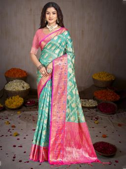 Sangam Prints - Turquoise Silk Woven Work Traditional Saree with Unstitched Blouse