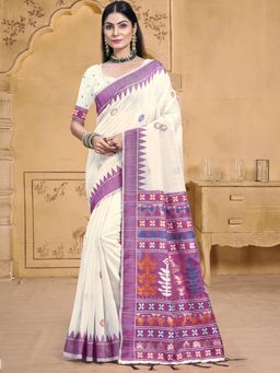 Sangam Prints - Purple Cotton Woven Work Festival Saree with Unstitched Blouse