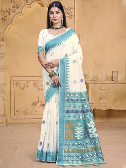 Sangam Prints - Turquoise Cotton Woven Work Festival Saree with Unstitched Blouse
