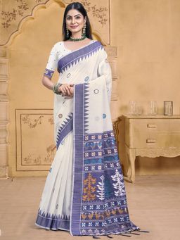 Sangam Prints - Blue Cotton Woven Work Festival Saree with Unstitched Blouse