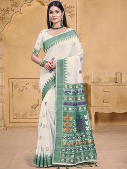 Sangam Prints - Green Cotton Woven Work Festival Saree with Unstitched Blouse