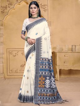 Sangam Prints - Grey Cotton Woven Work Festival Saree with Unstitched Blouse