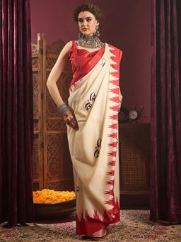 Sareemall - Women's Silk Blend Cream Printed Celebrity Saree with Unstitched Blouse