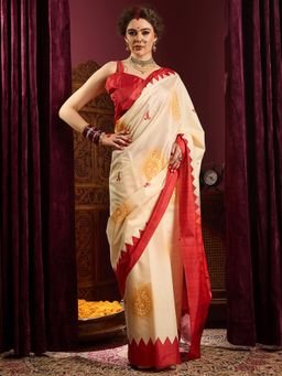 Sareemall - Women's Silk Blend Cream Printed Celebrity Saree with Unstitched Blouse