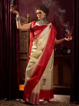 Sareemall - Women's Silk Blend Cream Printed Celebrity Saree with Unstitched Blouse