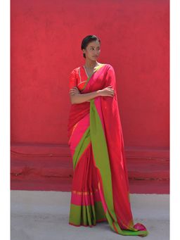 Huts and Looms - Red Cotton Saree without Blouse with Green, Pink, and Gold Border