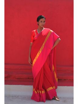 Huts and Looms - Red Cotton Saree without Blouse with Pink and Gold Border