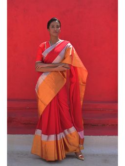 Huts and Looms - Red Handwoven Cotton Saree without Blouse with Silver and Gold Border
