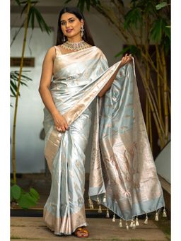 I LOVE SAREES - Light Blue Mashru Banarasi Silk Saree without Blouse with Silver Zari