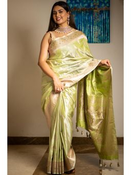I LOVE SAREES - Light Green Mashru Banarasi Silk Saree without Blouse with Silver Zari